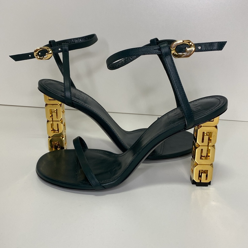 Givenchy G Cube Chain Sandals Heels Green Forest Size 38 EU / 8 Strappy Leather